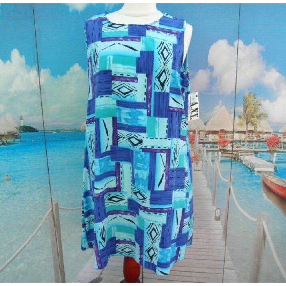 NEW by L.A.N.Y, SLEEVELESS DRESS,BLUE MULTI-COLOR PLUS SIZE 1X (MADE IN THE USA)